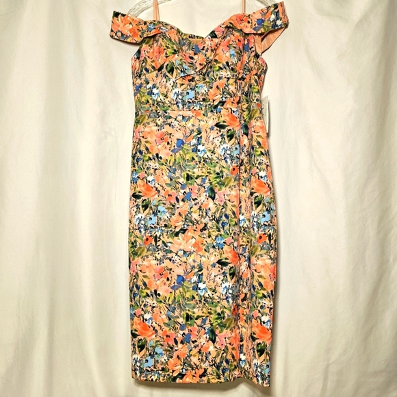 Aiden Mattox Pink Green Blue Floral Drop Shoulder Sheath Midi Dress 12 - Picture 1 of 11